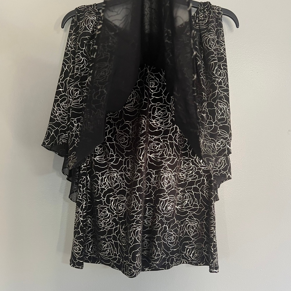 Coco Bianco Womens Black Silver Metallic Rose Cold Shoulder Layered Blouse M - Picture 3 of 8
